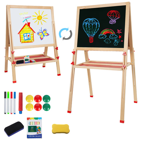 Adjustable Wooden Easel for Kids, Foldable Standing Art Easel for 3, 4, 5, 6, 7, 8 Years Old with Accessories, Drawing Painting Gifts for Boys & Girls Toddlers, Great Presents for Birthday