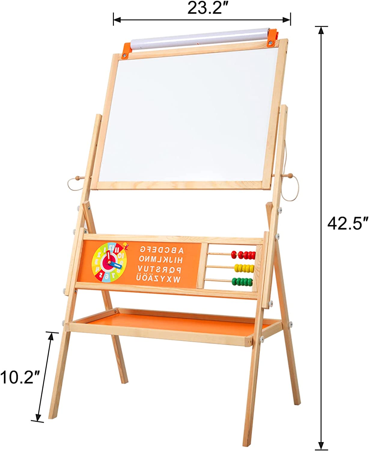 OMOTIYA Easel for Kids and Children, Wooden Kids Art Easel with Paper Roll, Magnetic Board, Whiteboard, Chalkboard - Orange
