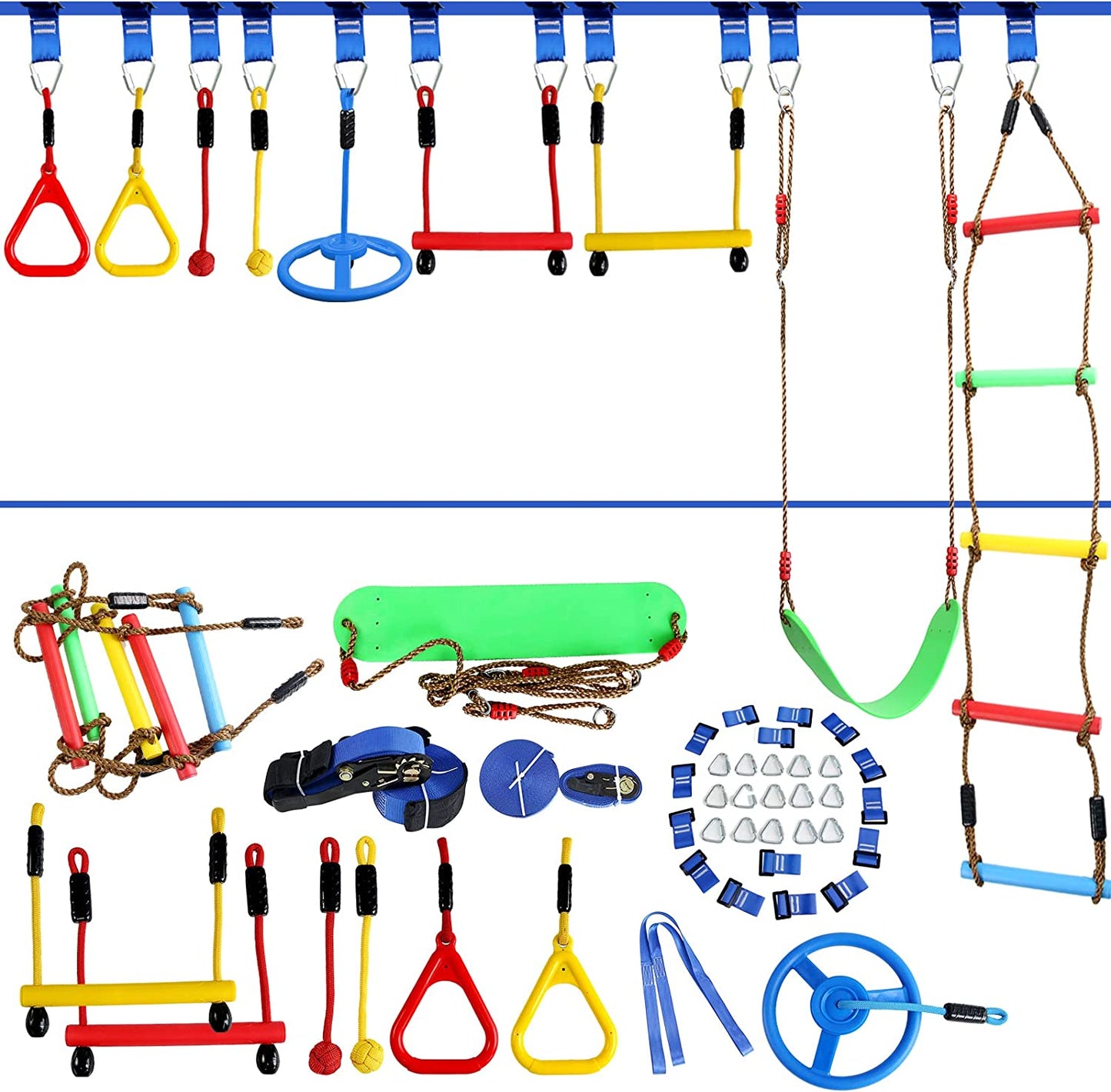 OMOTIYA Ninja Obstacle Course for Kids Backyard, 50FT Double Weatherproof Slacklines Design and 10 Accessories