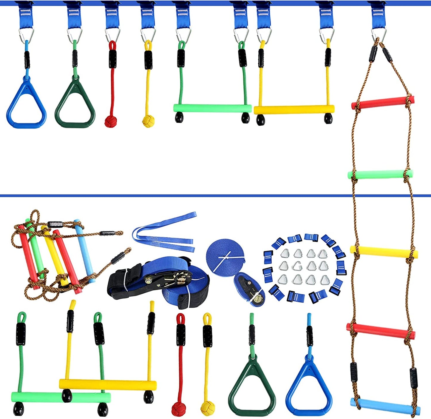 OMOTIYA Ninja Obstacle Course for Kids Backyard, 50FT Double Weatherproof Slacklines Design and 8 Accessories