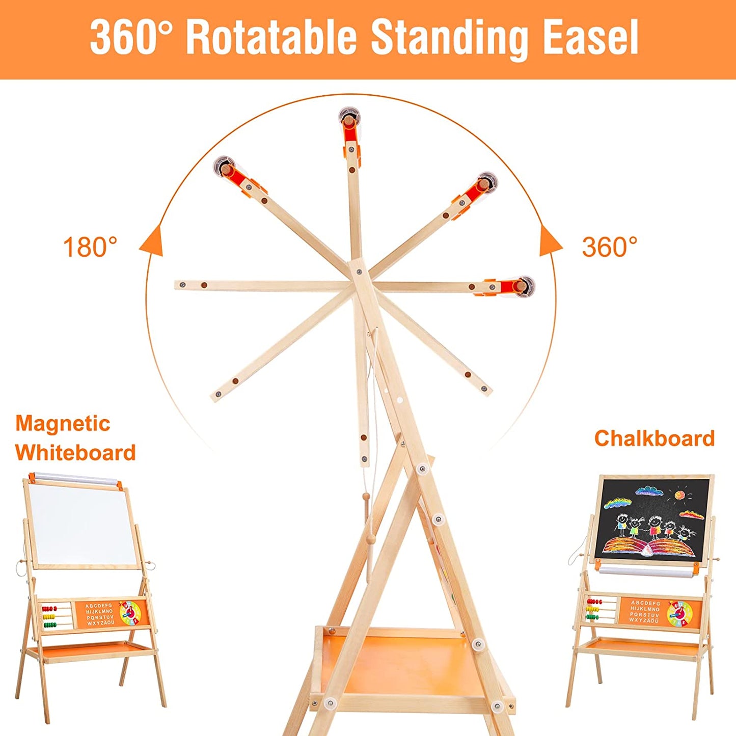 OMOTIYA Easel for Kids and Children, Wooden Kids Art Easel with Paper Roll, Magnetic Board, Whiteboard, Chalkboard - Orange