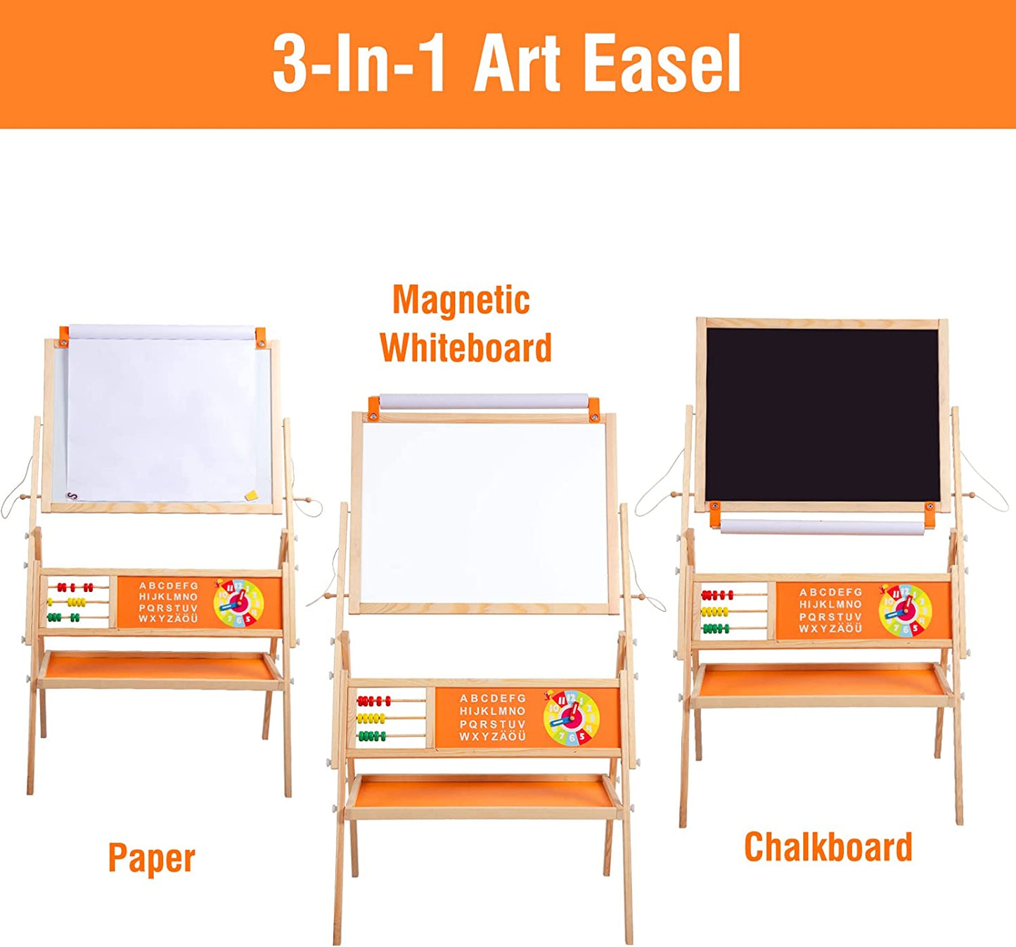 OMOTIYA Easel for Kids and Children, Wooden Kids Art Easel with Paper Roll, Magnetic Board, Whiteboard, Chalkboard - Orange
