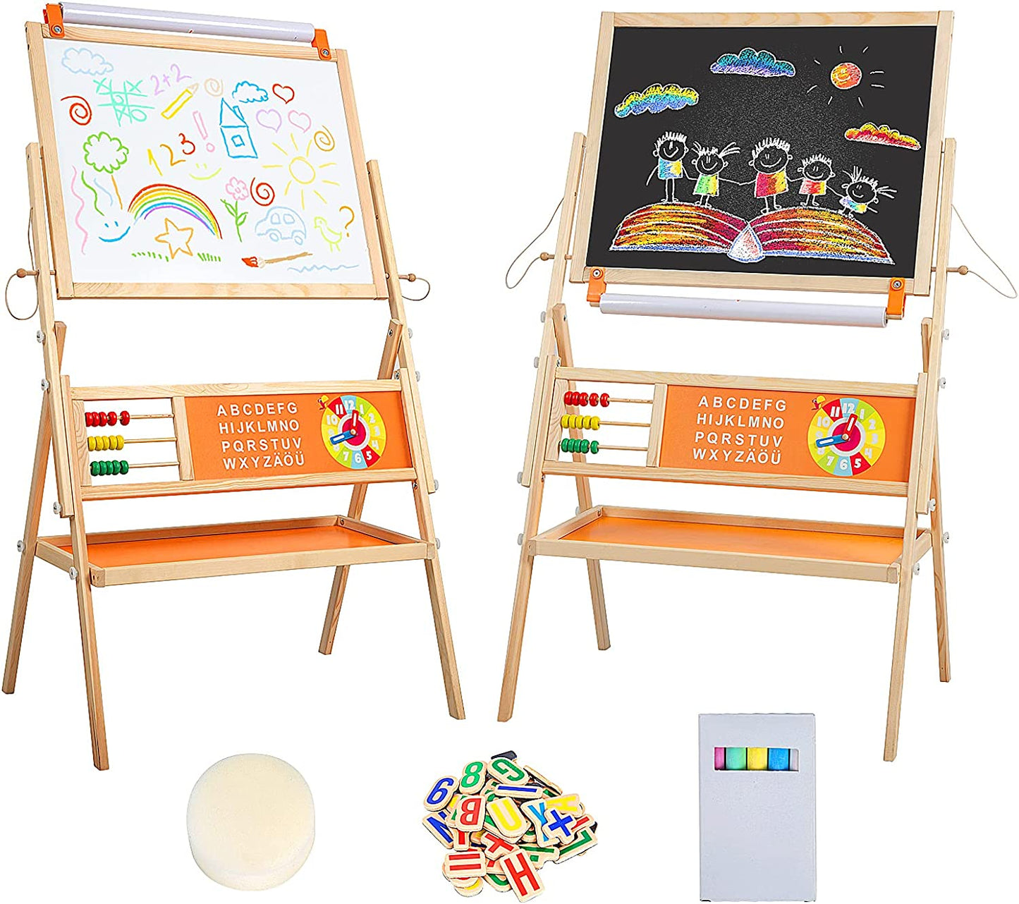 OMOTIYA Easel for Kids and Children, Wooden Kids Art Easel with Paper Roll, Magnetic Board, Whiteboard, Chalkboard - Orange