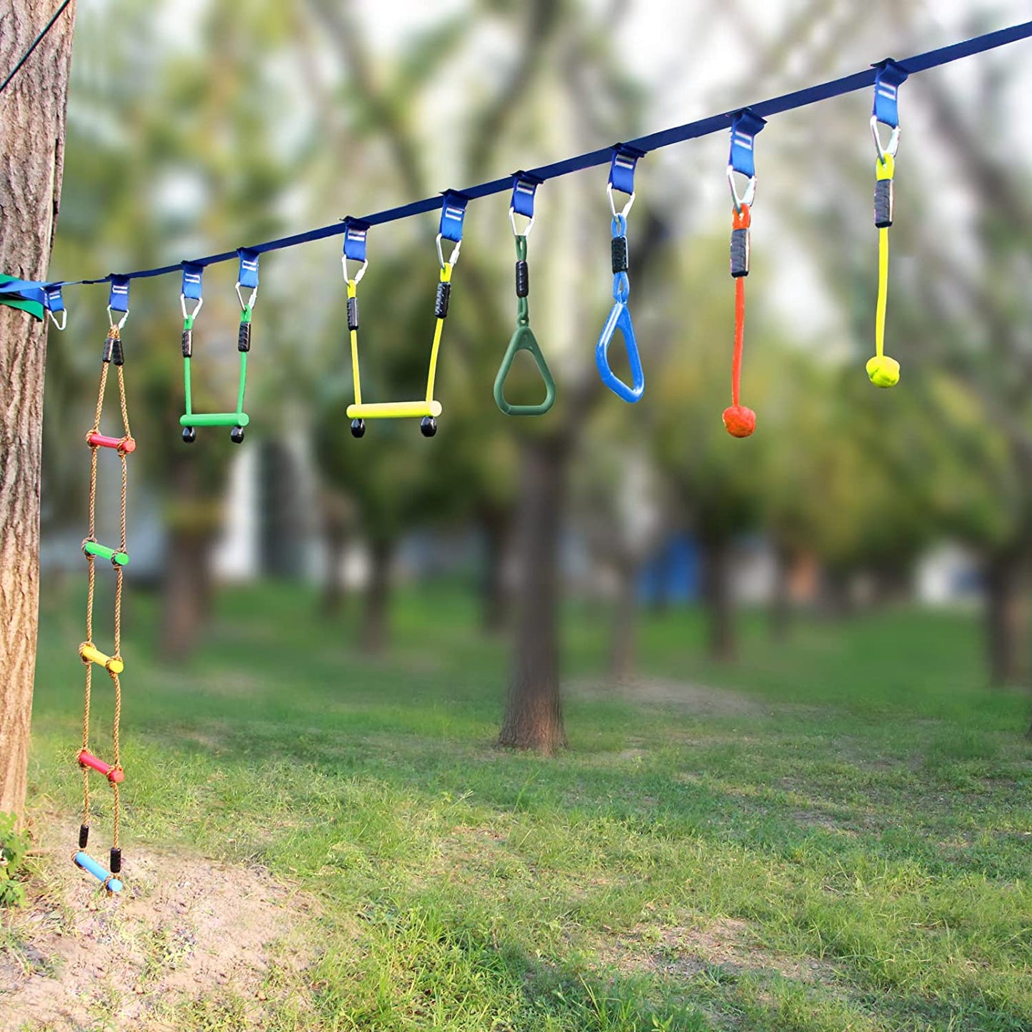 OMOTIYA Ninja Obstacle Course for Kids Backyard, 50FT Double Weatherproof Slacklines Design and 8 Accessories