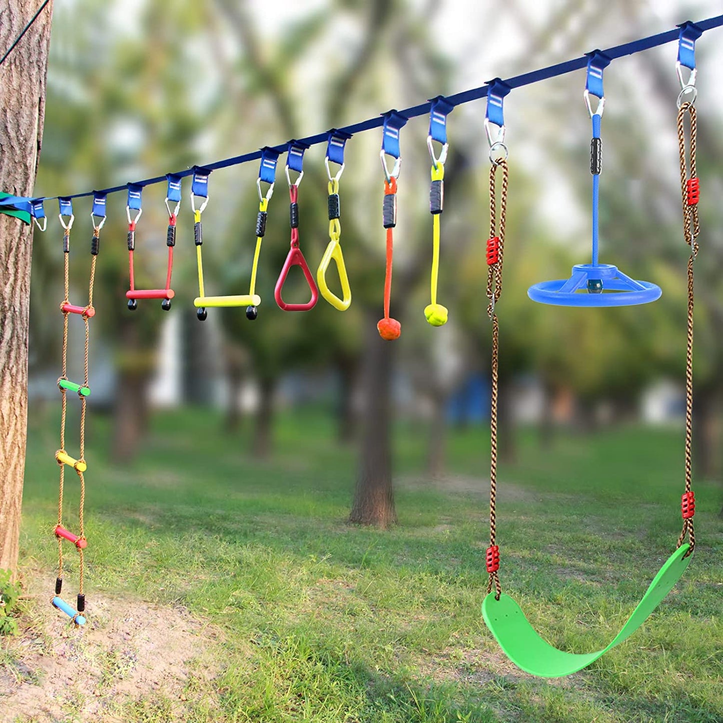 OMOTIYA Ninja Obstacle Course for Kids Backyard, 50FT Double Weatherproof Slacklines Design and 10 Accessories