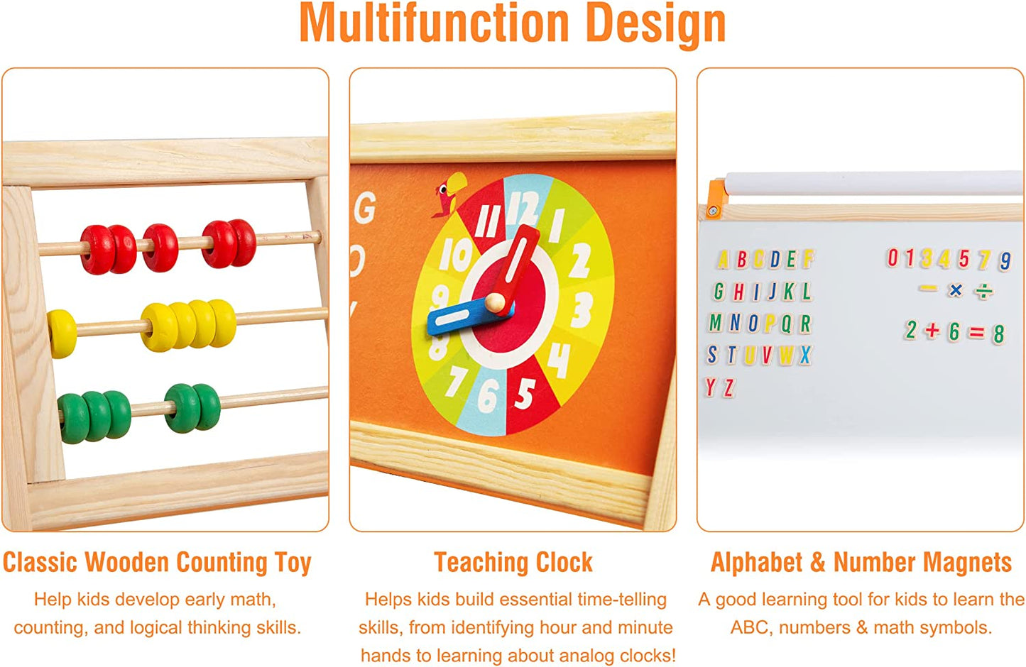 OMOTIYA Easel for Kids and Children, Wooden Kids Art Easel with Paper Roll, Magnetic Board, Whiteboard, Chalkboard - Orange